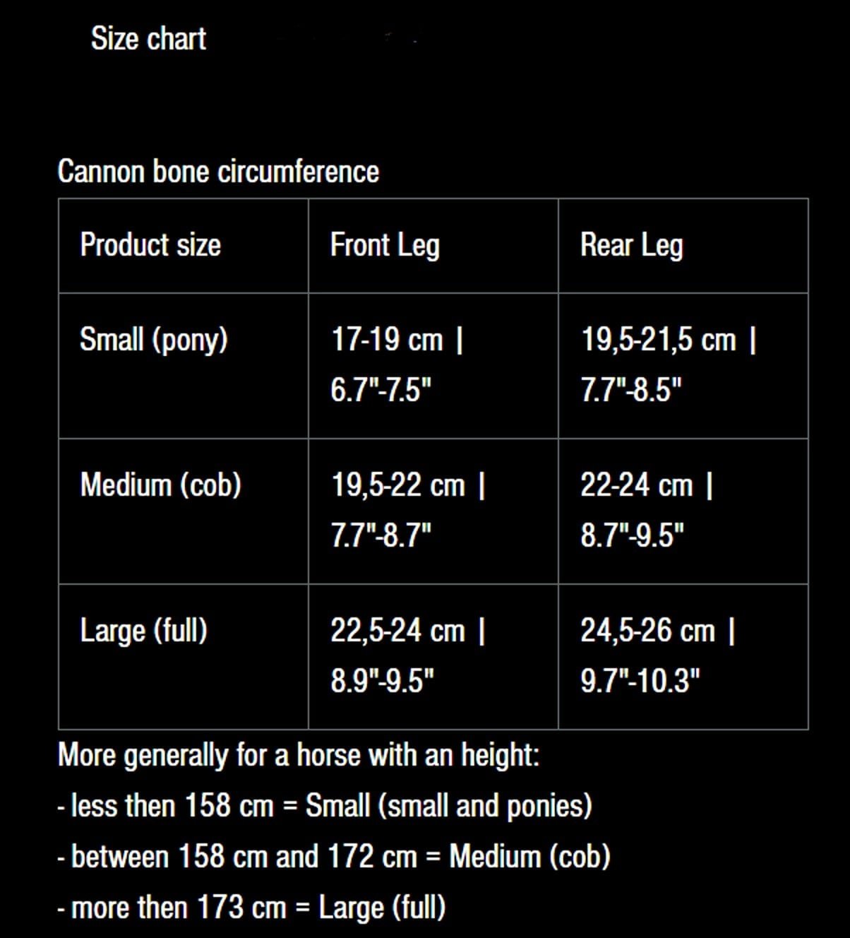 eQuick Sizs Chart
